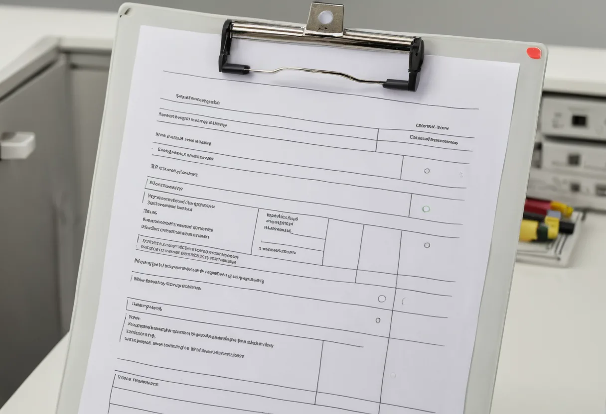 Das Anzeigefeld eines Geräts mit Kontrollleuchten auf einem aufgeräumten Servicetisch