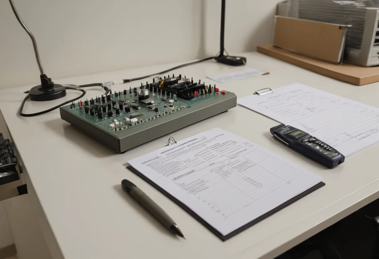 Eine Steuerplatine unter der Werkbanklampe auf einem aufgeräumten Servicetisch